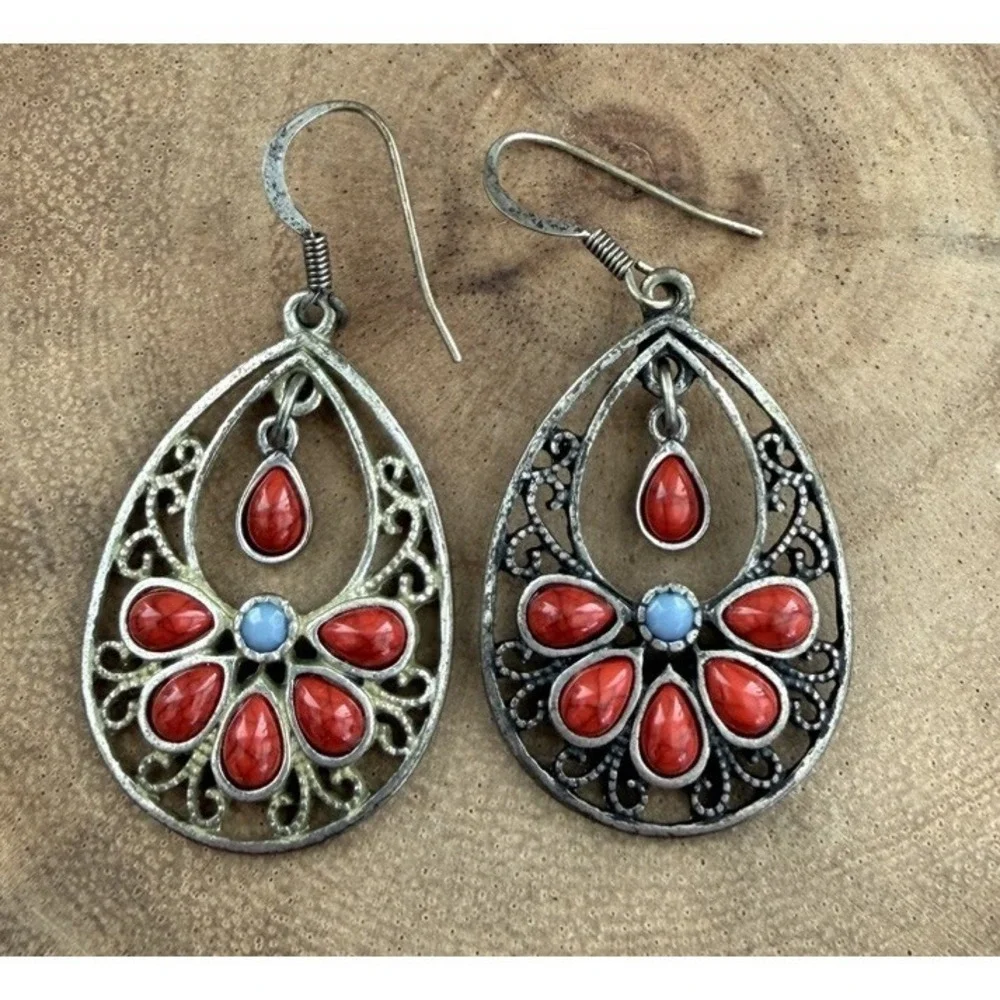 Faux Blue Turquoise & Coral Silver Southwestern Filigree Teardrop Earrings Boho